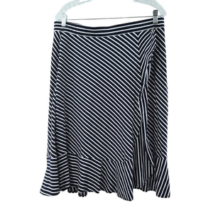 Talbots Flare Skirt Size L Stretch Black White Stripe Ruffles Faux‎ Wrap Womens